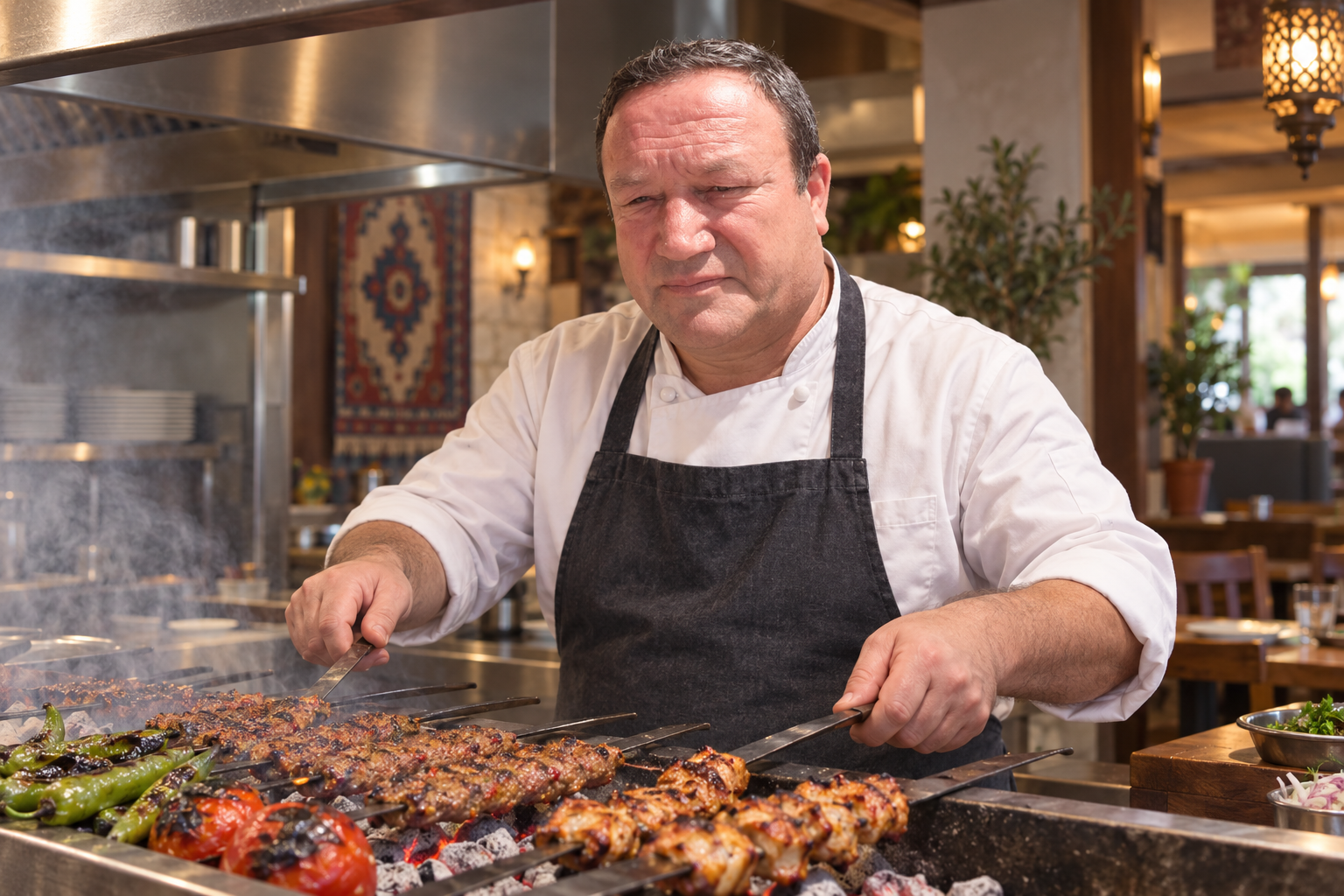 Chef Huseyin Karaca preparing grilled dishes in a professional kitchen